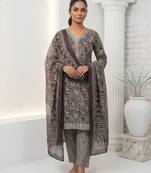 Brown printed cotton blend stitched floral print salwar kurta dupatta for women
