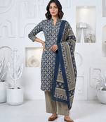 Blue printed cotton blend stitched ethnic motif print salwar kurta dupatta for women