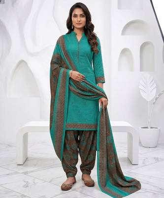 Teal printed cotton blend stitched floral print salwar kurta dupatta for women 1