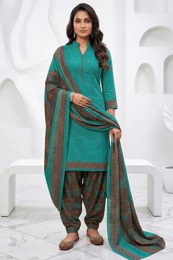 Teal printed cotton blend stitched floral print salwar kurta dupatta for women