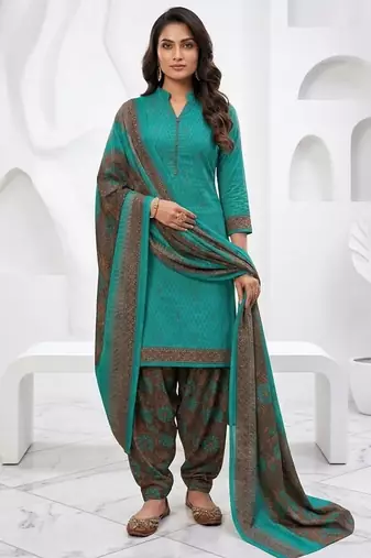 Teal printed cotton blend stitched floral print salwar kurta dupatta for women
