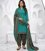 Teal printed cotton blend stitched floral print salwar kurta dupatta for women