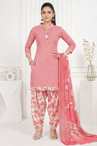 Peach printed cotton blend stitched geometric print salwar kurta dupatta for women
