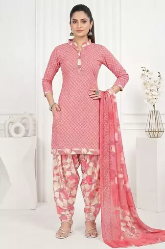 Peach printed cotton blend stitched geometric print salwar kurta dupatta for women