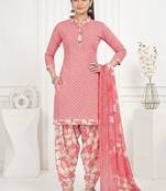 Peach printed cotton blend stitched geometric print salwar kurta dupatta for women