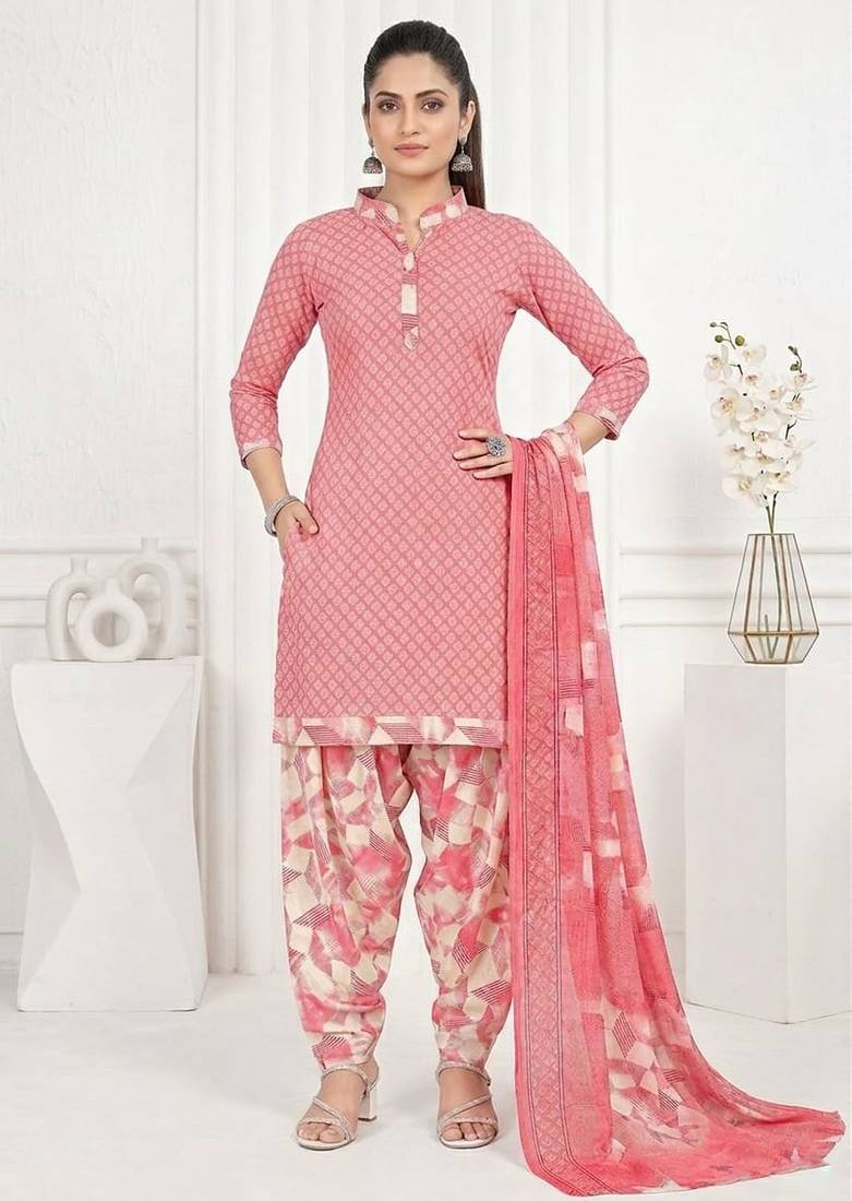 Peach printed cotton blend stitched geometric print salwar kurta dupatta for women