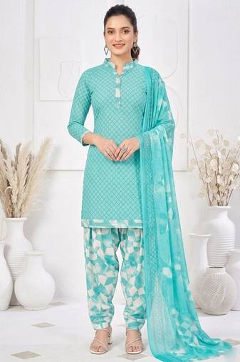 Light blue printed cotton blend stitched geometric print salwar kurta dupatta for women