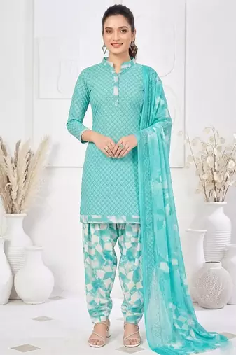 Light blue printed cotton blend stitched geometric print salwar kurta dupatta for women