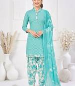 Light blue printed cotton blend stitched geometric print salwar kurta dupatta for women