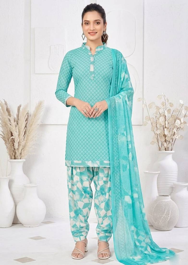 Light blue printed cotton blend stitched geometric print salwar kurta dupatta for women