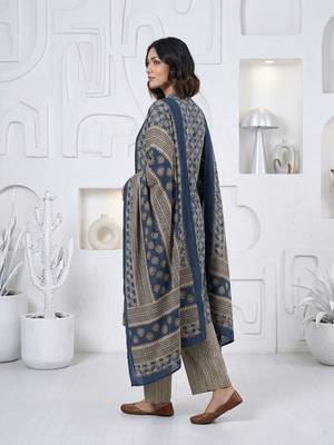 Blue printed cotton blend stitched ethnic motif print salwar kurta dupatta for women 2