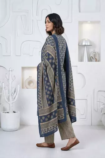 Blue printed cotton blend stitched ethnic motif print salwar kurta dupatta for women
