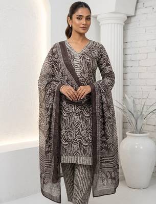 Brown printed cotton blend stitched floral print salwar kurta dupatta for women 2