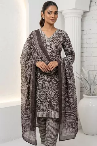 Brown printed cotton blend stitched floral print salwar kurta dupatta for women