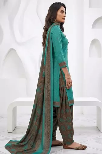 Teal printed cotton blend stitched floral print salwar kurta dupatta for women