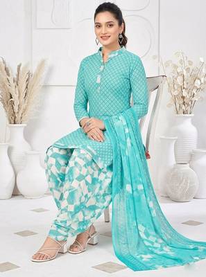Light blue printed cotton blend stitched geometric print salwar kurta dupatta for women 2