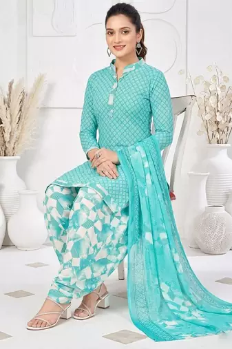 Light blue printed cotton blend stitched geometric print salwar kurta dupatta for women