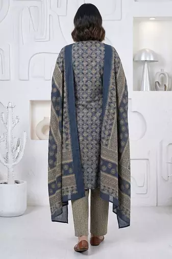 Blue printed cotton blend stitched ethnic motif print salwar kurta dupatta for women