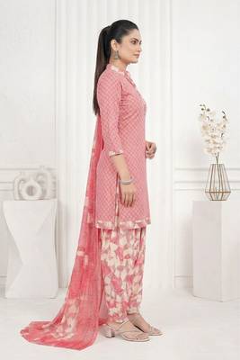 Peach printed cotton blend stitched geometric print salwar kurta dupatta for women 2