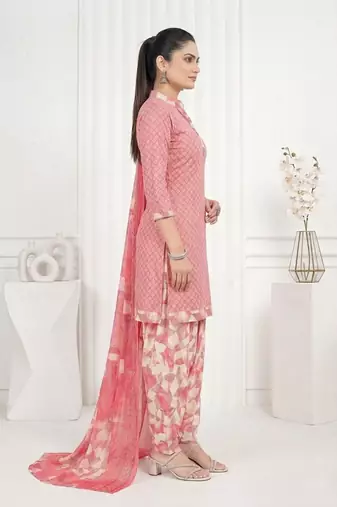 Peach printed cotton blend stitched geometric print salwar kurta dupatta for women