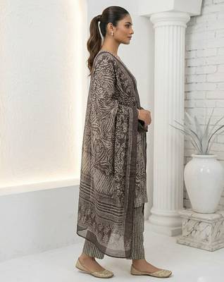 Brown printed cotton blend stitched floral print salwar kurta dupatta for women 3
