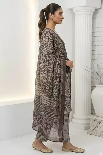 Brown printed cotton blend stitched floral print salwar kurta dupatta for women