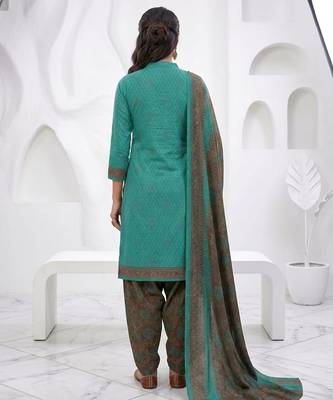 Teal printed cotton blend stitched floral print salwar kurta dupatta for women 3