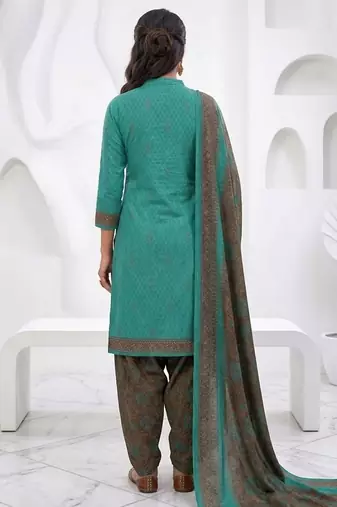 Teal printed cotton blend stitched floral print salwar kurta dupatta for women