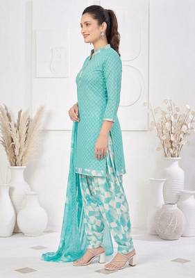 Light blue printed cotton blend stitched geometric print salwar kurta dupatta for women 3
