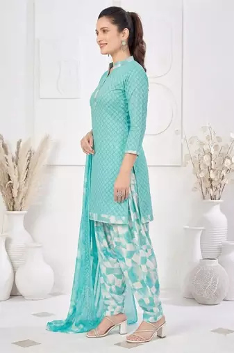 Light blue printed cotton blend stitched geometric print salwar kurta dupatta for women