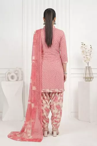Peach printed cotton blend stitched geometric print salwar kurta dupatta for women