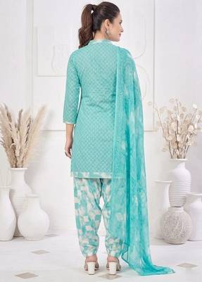 Light blue printed cotton blend stitched geometric print salwar kurta dupatta for women 4