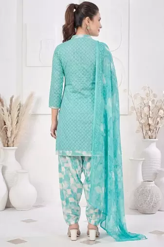 Light blue printed cotton blend stitched geometric print salwar kurta dupatta for women