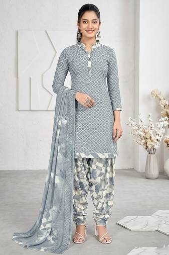Grey printed cotton blend stitched geometric print salwar kurta dupatta for women