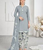 Grey printed cotton blend stitched geometric print salwar kurta dupatta for women