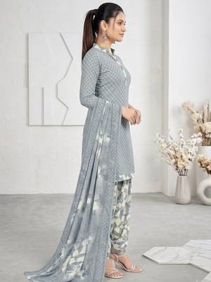 Grey printed cotton blend stitched geometric print salwar kurta dupatta for women 2
