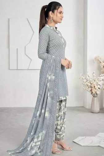 Grey printed cotton blend stitched geometric print salwar kurta dupatta for women