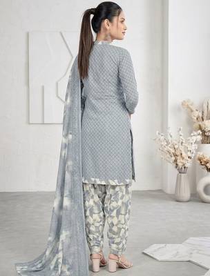 Grey printed cotton blend stitched geometric print salwar kurta dupatta for women 3