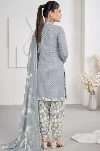 Grey printed cotton blend stitched geometric print salwar kurta dupatta for women