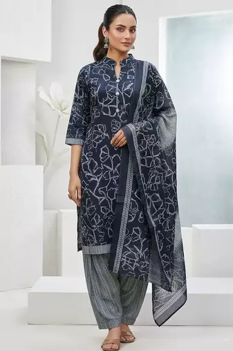 Blue printed cotton blend stitched floral print salwar kurta dupatta for women