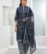 Blue printed cotton blend stitched floral print salwar kurta dupatta for women