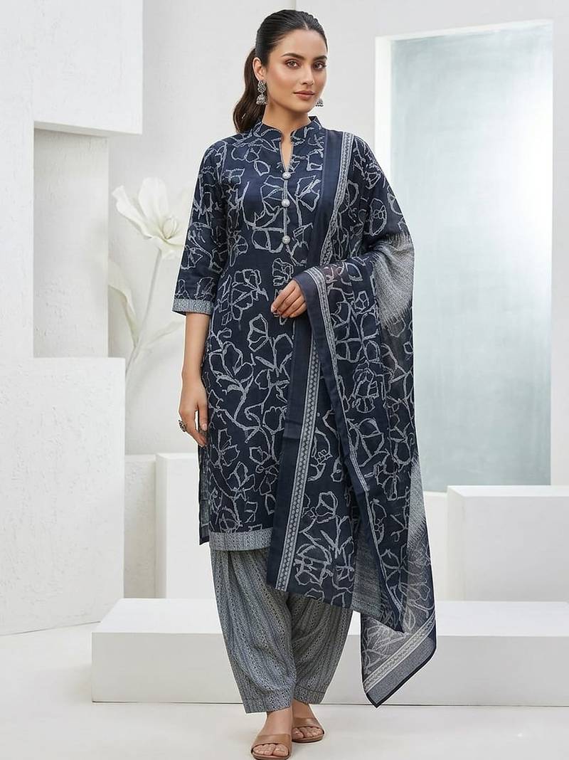 Blue printed cotton blend stitched floral print salwar kurta dupatta for women