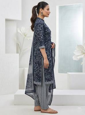 Blue printed cotton blend stitched floral print salwar kurta dupatta for women 2
