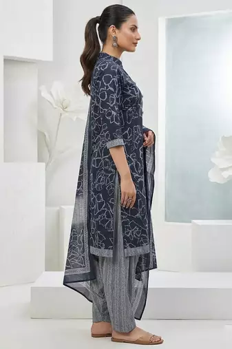 Blue printed cotton blend stitched floral print salwar kurta dupatta for women