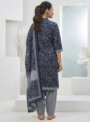 Blue printed cotton blend stitched floral print salwar kurta dupatta for women 3