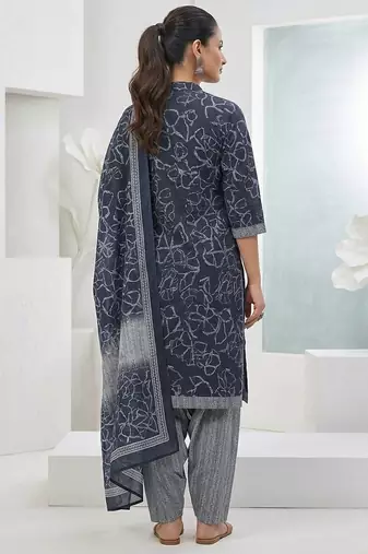 Blue printed cotton blend stitched floral print salwar kurta dupatta for women