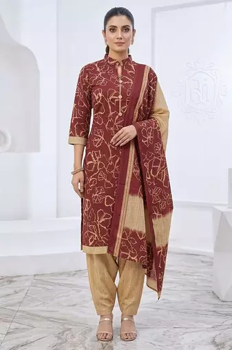 Red printed cotton blend stitched floral print salwar kurta dupatta for women