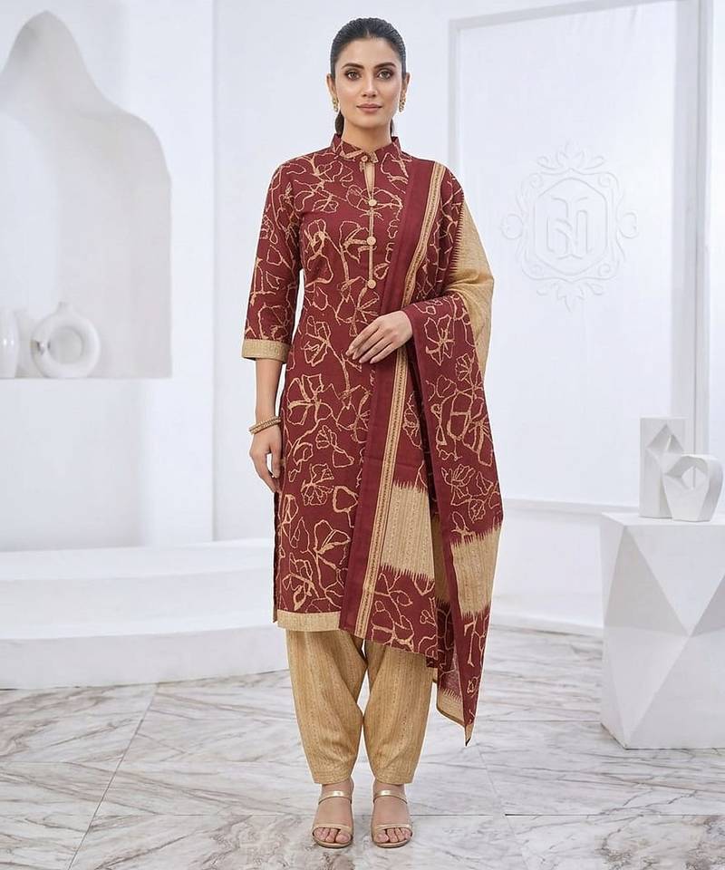 Red printed cotton blend stitched floral print salwar kurta dupatta for women