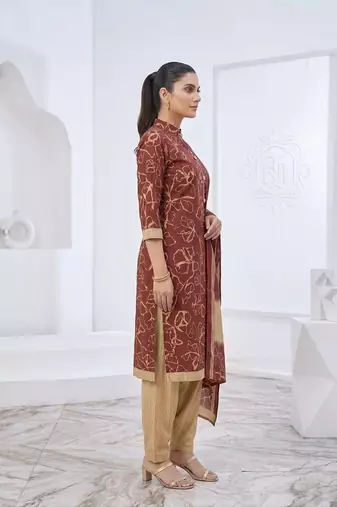 Red printed cotton blend stitched floral print salwar kurta dupatta for women