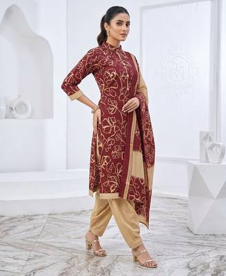 Red printed cotton blend stitched floral print salwar kurta dupatta for women 3